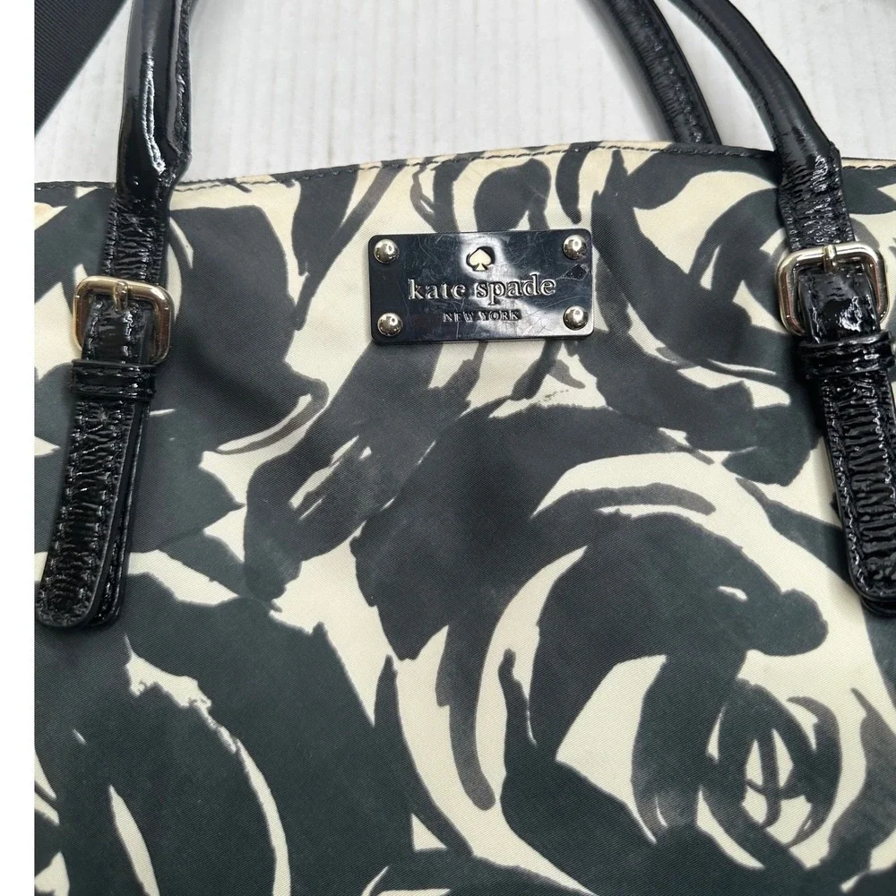 Kate Spade Black White Rose Floral Nylon Laptop Bag Crossbody Tote